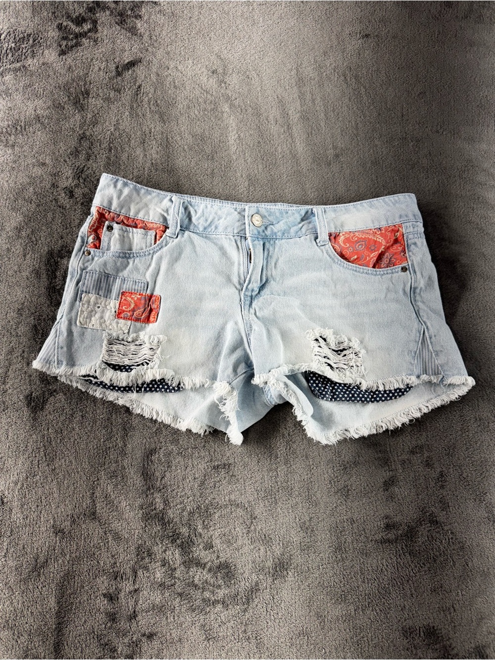 lei Light Wash Denim Shorts with Red Bandana Accents